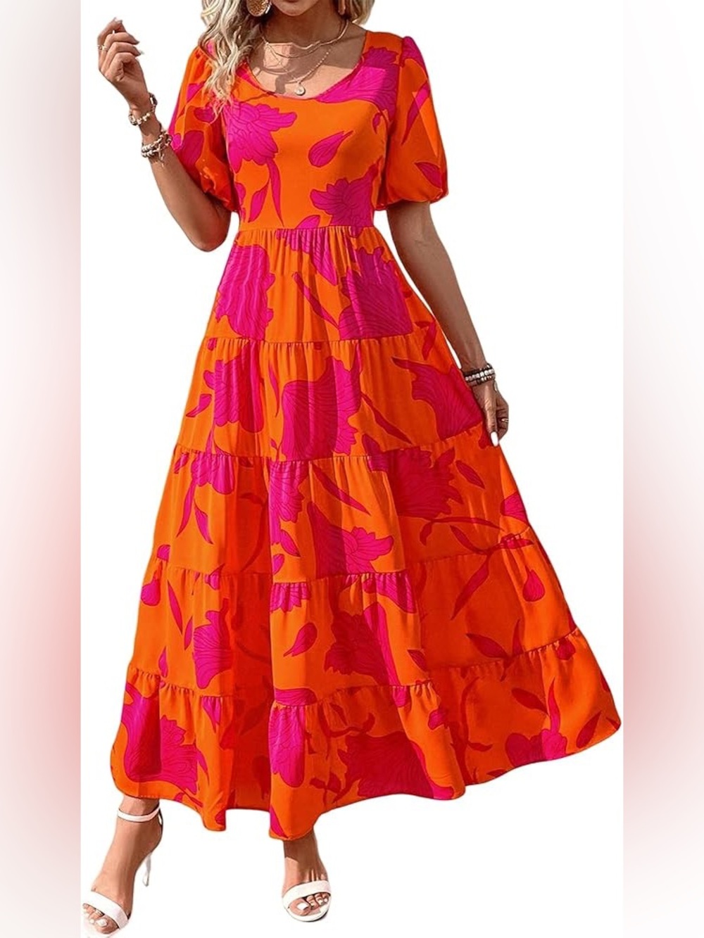 Médium Bright Orange & Pink Floral Tiered Maxi Dress - Women's - Picture 2 of 2